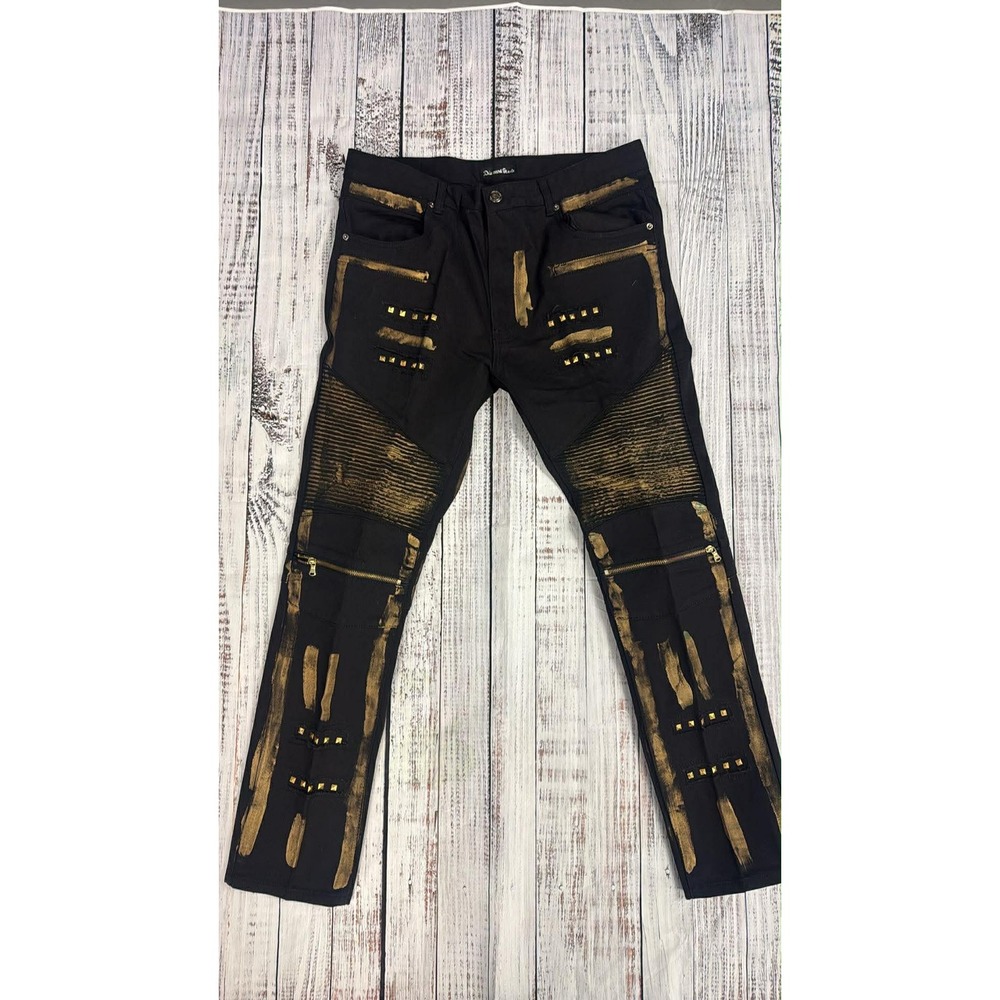 Diamond Stash Mens Black Gold Moto Biker Jeans Studded Metallic‎ 36 9SCJ-504-CT